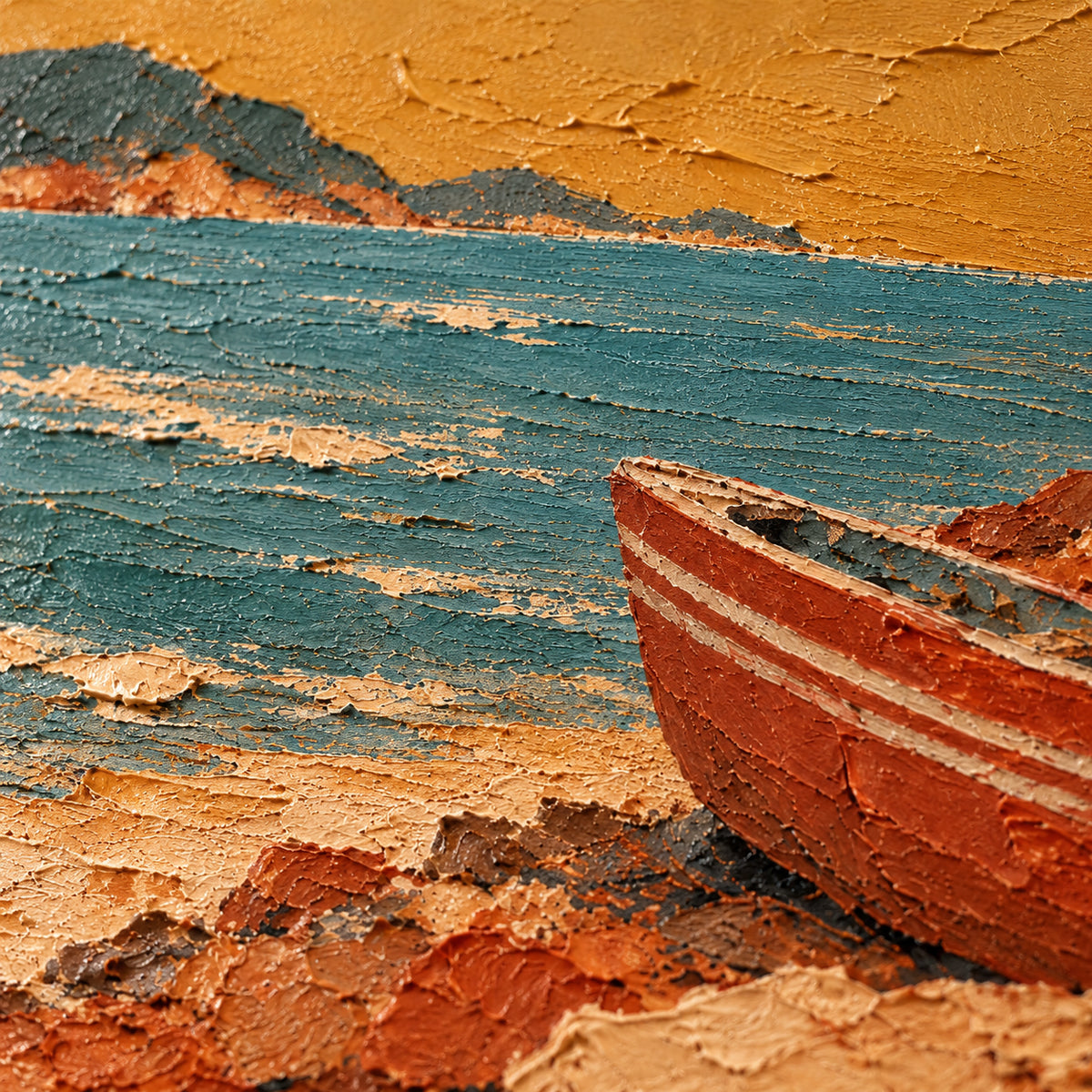 Saffron-Skiff oil painting brushwork and impasto detail photographed from an oblique side angle