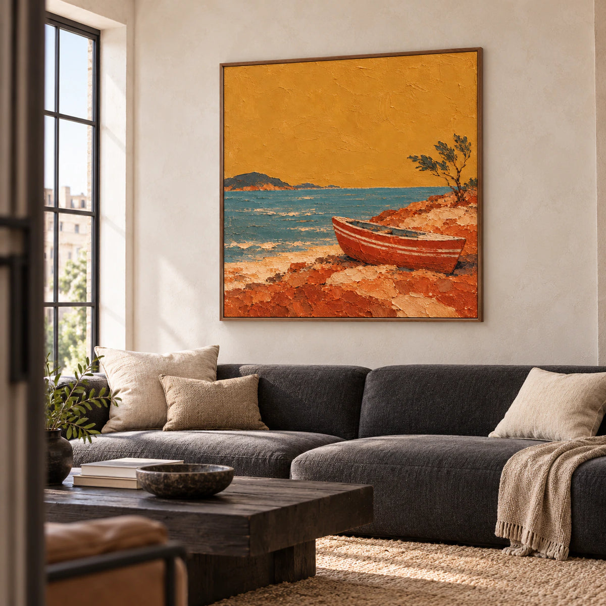 Large square skiff-and-shore painting above a low charcoal sofa in a bright living room with pale stone walls and generous daylight.