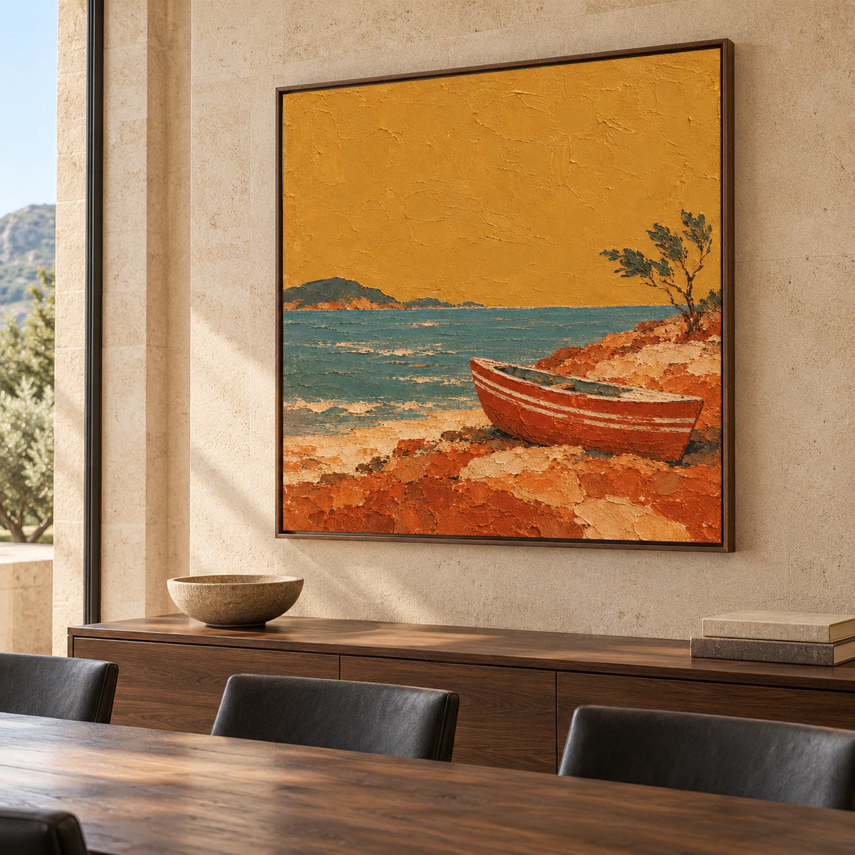 Square textured landscape painting above a dark walnut dining sideboard in a refined room with limestone walls and tall windows.