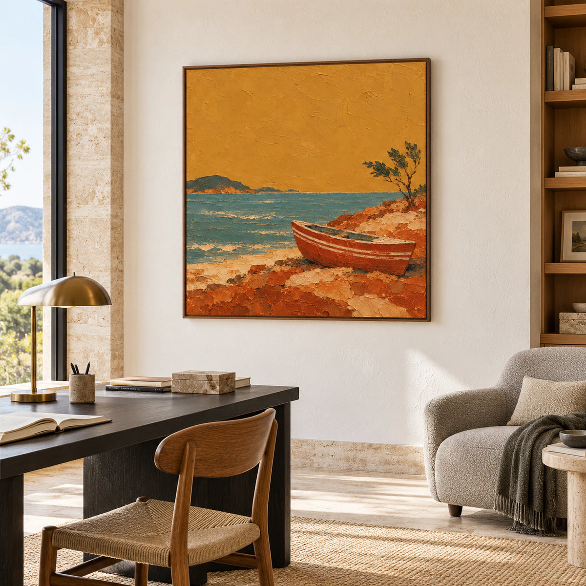 Square landscape painting prominent on a white wall in an airy home office with a simple black desk, oak chair and side-lit natural daylight.