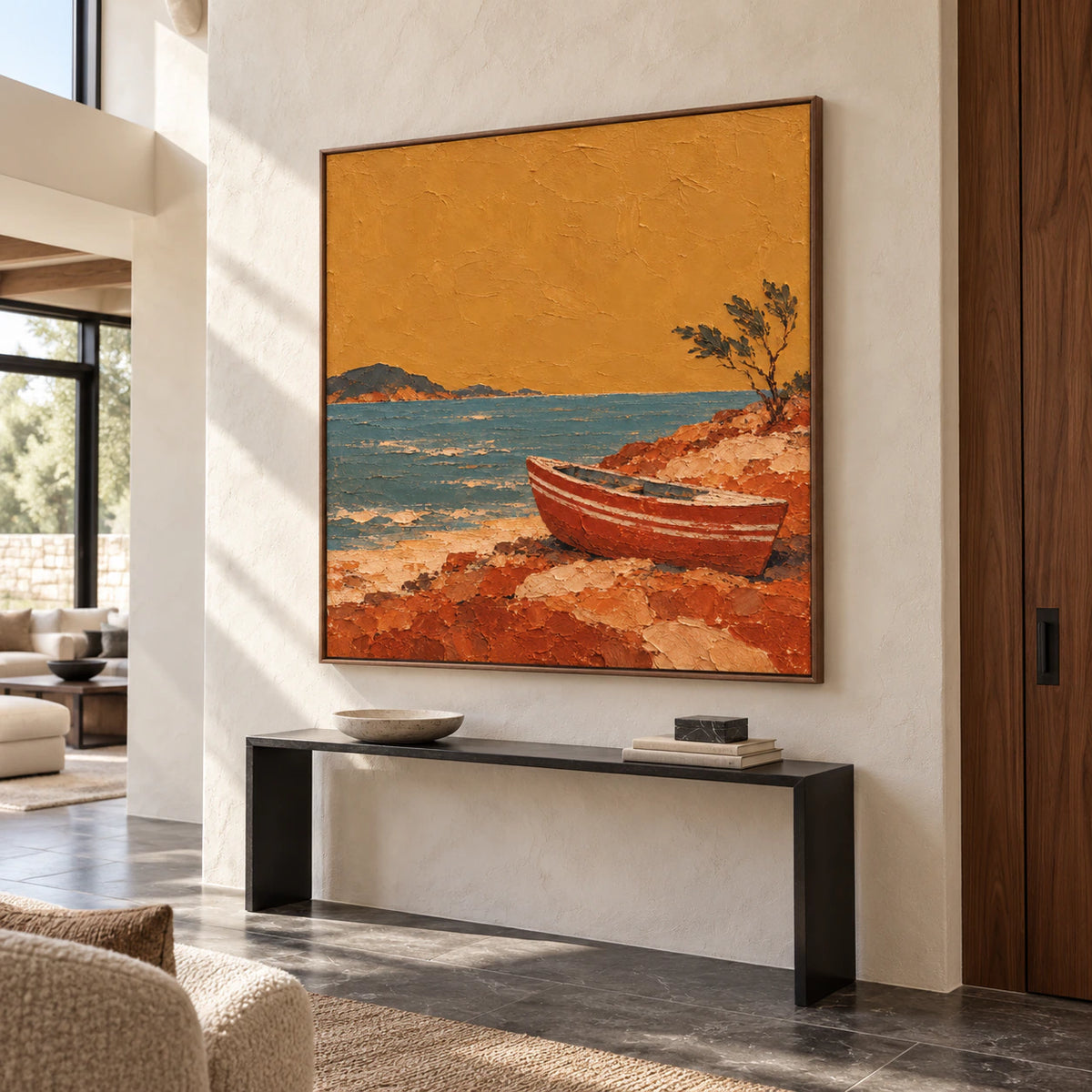 Large square skiff painting on the far wall of a gallery-scale foyer with pale plaster, dark stone flooring and a tall window.