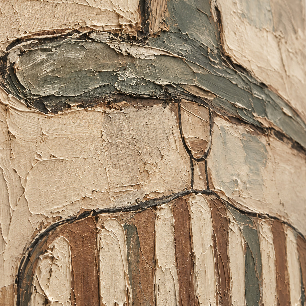 Sage-Brim oil painting brushwork and impasto detail photographed from an oblique side angle