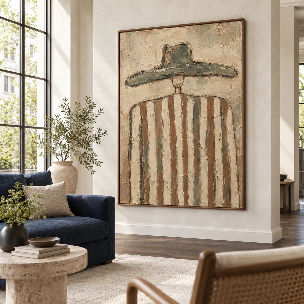 Sage-Brim as the focal artwork above a restrained sofa in a bright living room.