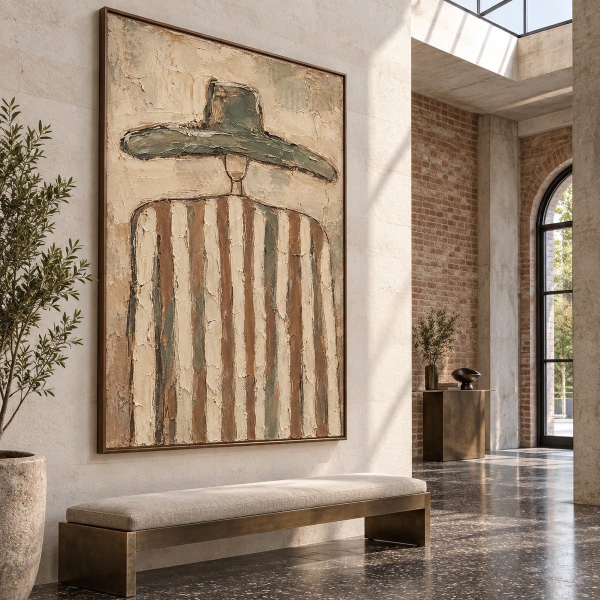 Sage-Brim installed at gallery scale in a bright, sculptural foyer.