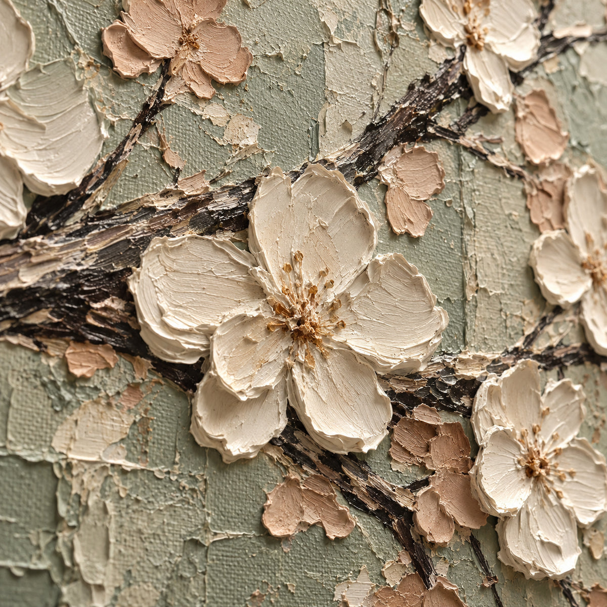 Sage-Canopy oil painting brushwork and impasto detail photographed from an oblique side angle