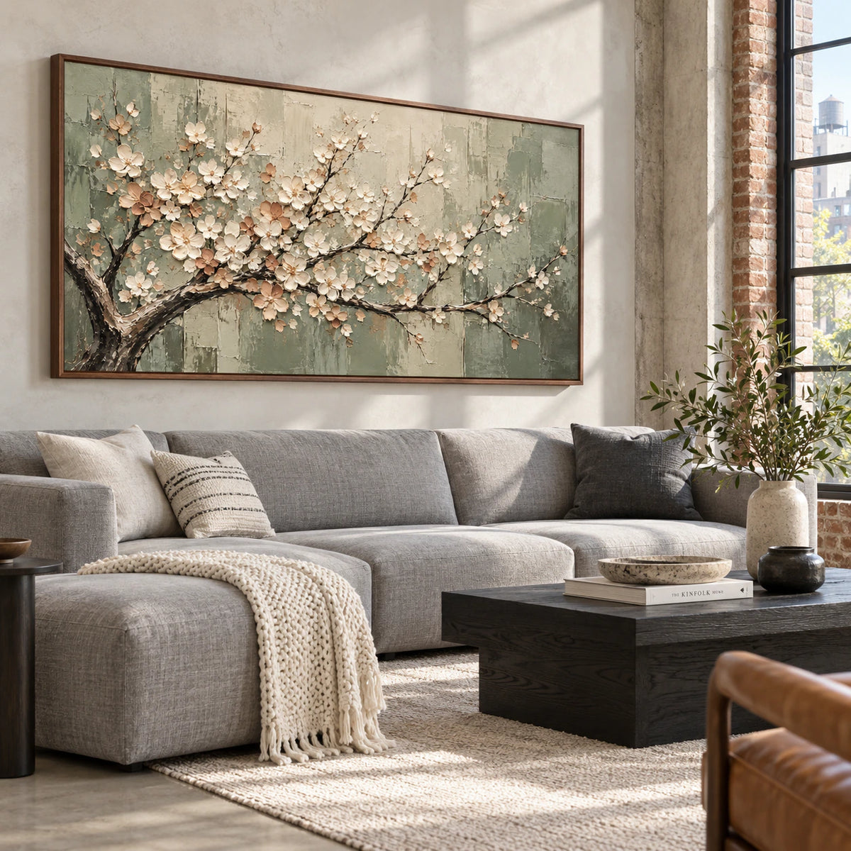 Sage-Canopy as a large focal artwork in a bright contemporary living room.