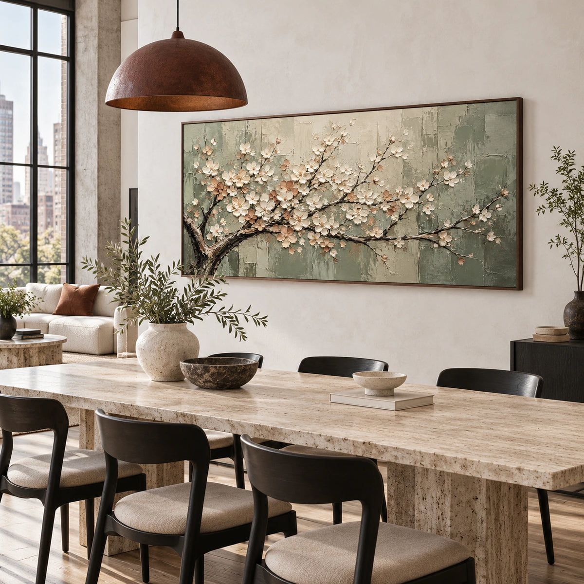Sage-Canopy above a refined dining setting with daylight across the textured surface.