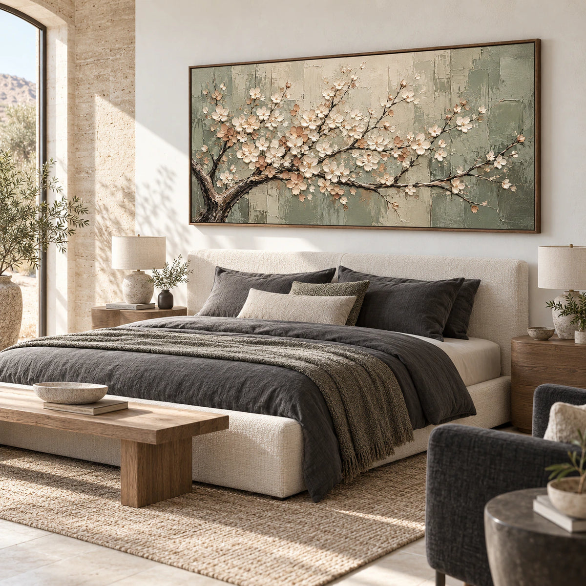Sage-Canopy as a calm wide-format focal point in a quiet bedroom.