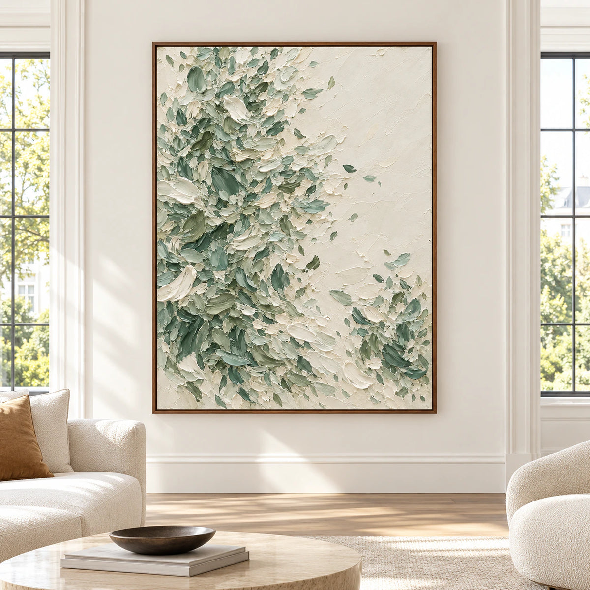 Large vertical Sage-Cascade painting displayed straight-on as the focal point of a bright, spacious architectural living room.