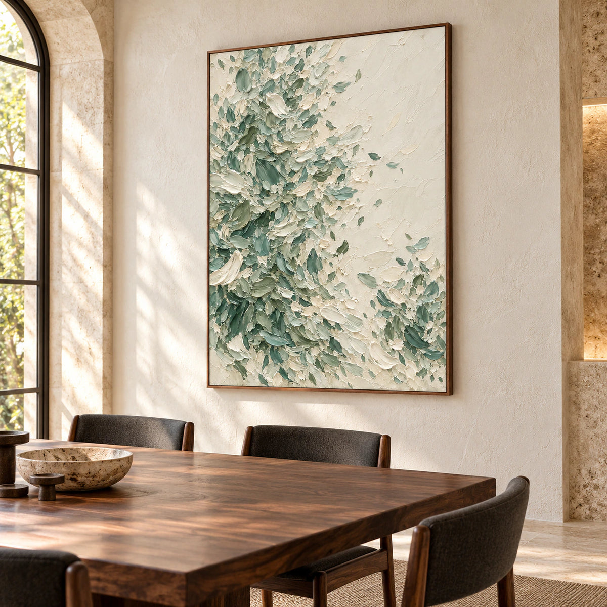 Large vertical abstract painting anchoring a refined dining room with a long dark wood table and softly lit plaster walls.