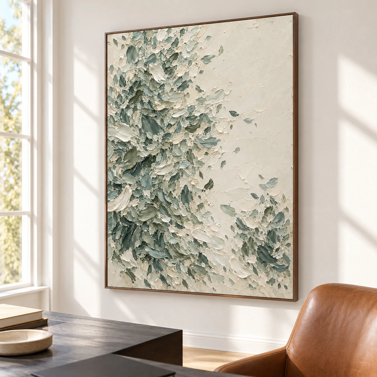 Large vertical abstract painting in an airy home office with a simple desk, reading chair, and clear natural light.