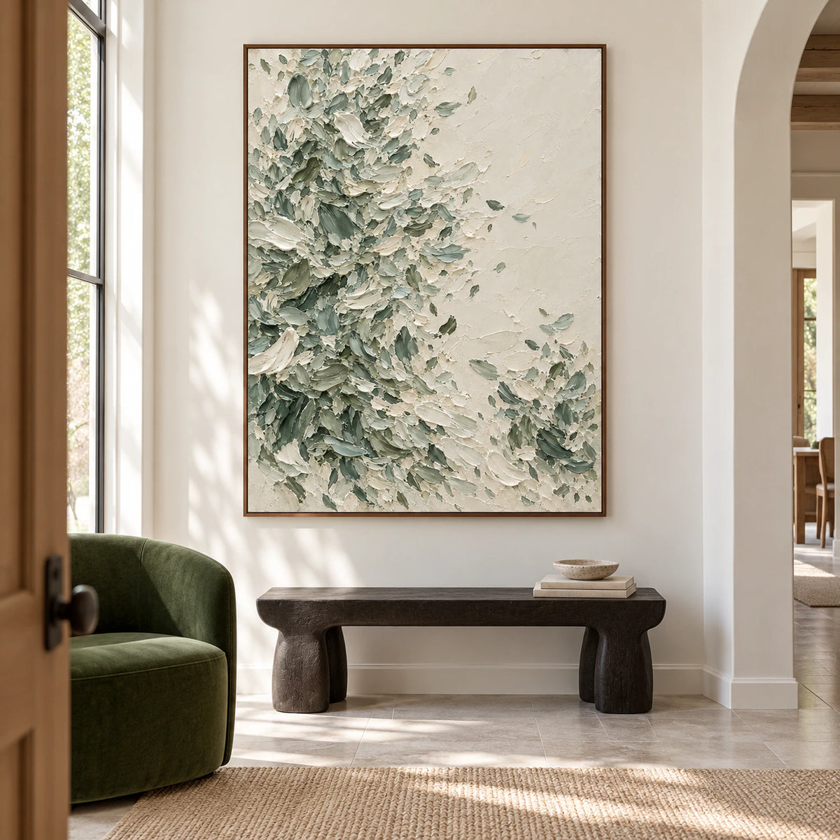 Large vertical abstract painting commanding a bright gallery-scale foyer with a pale stone floor and restrained furnishings.