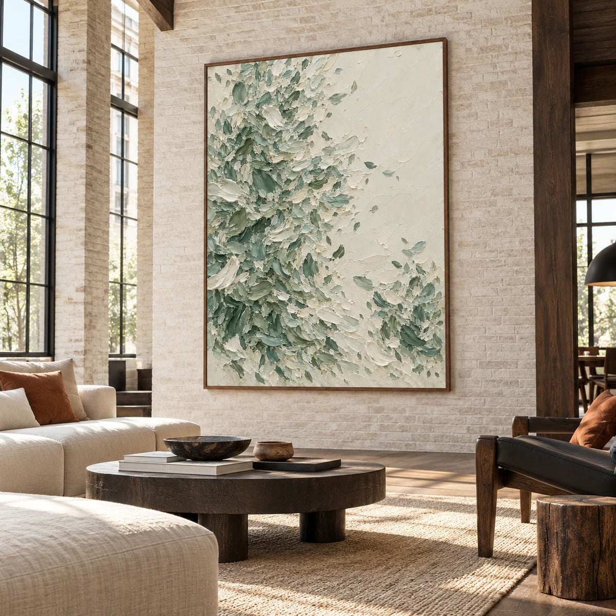 Large vertical abstract painting displayed prominently in an expansive loft interior with high ceilings and crisp daylight.