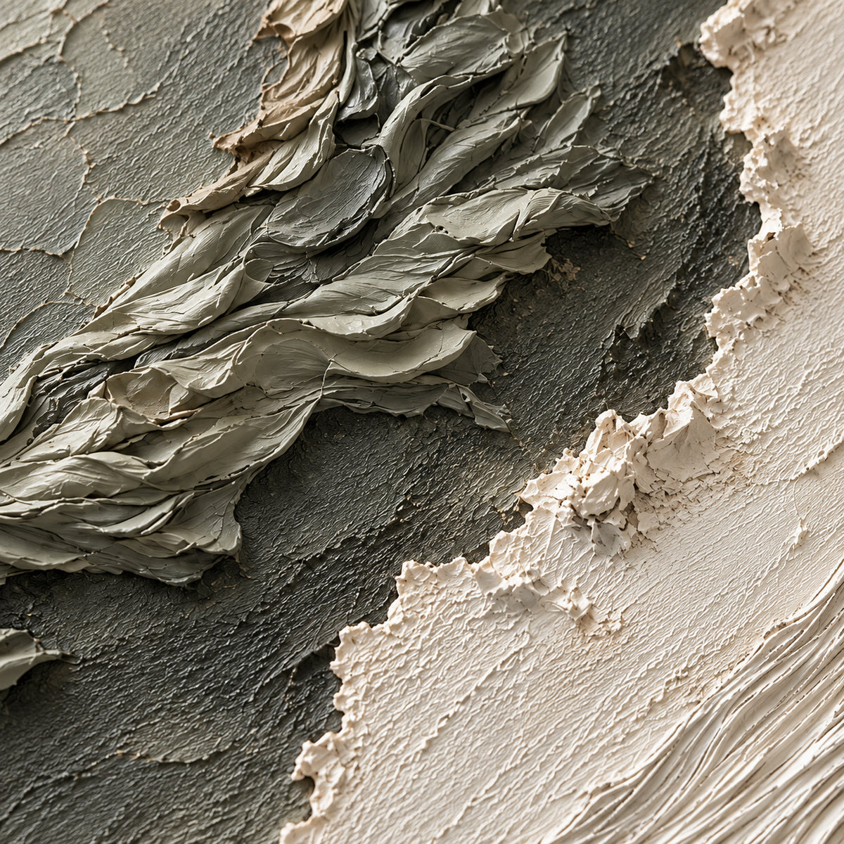 Sage-Current oil painting brushwork and impasto detail photographed from an oblique side angle