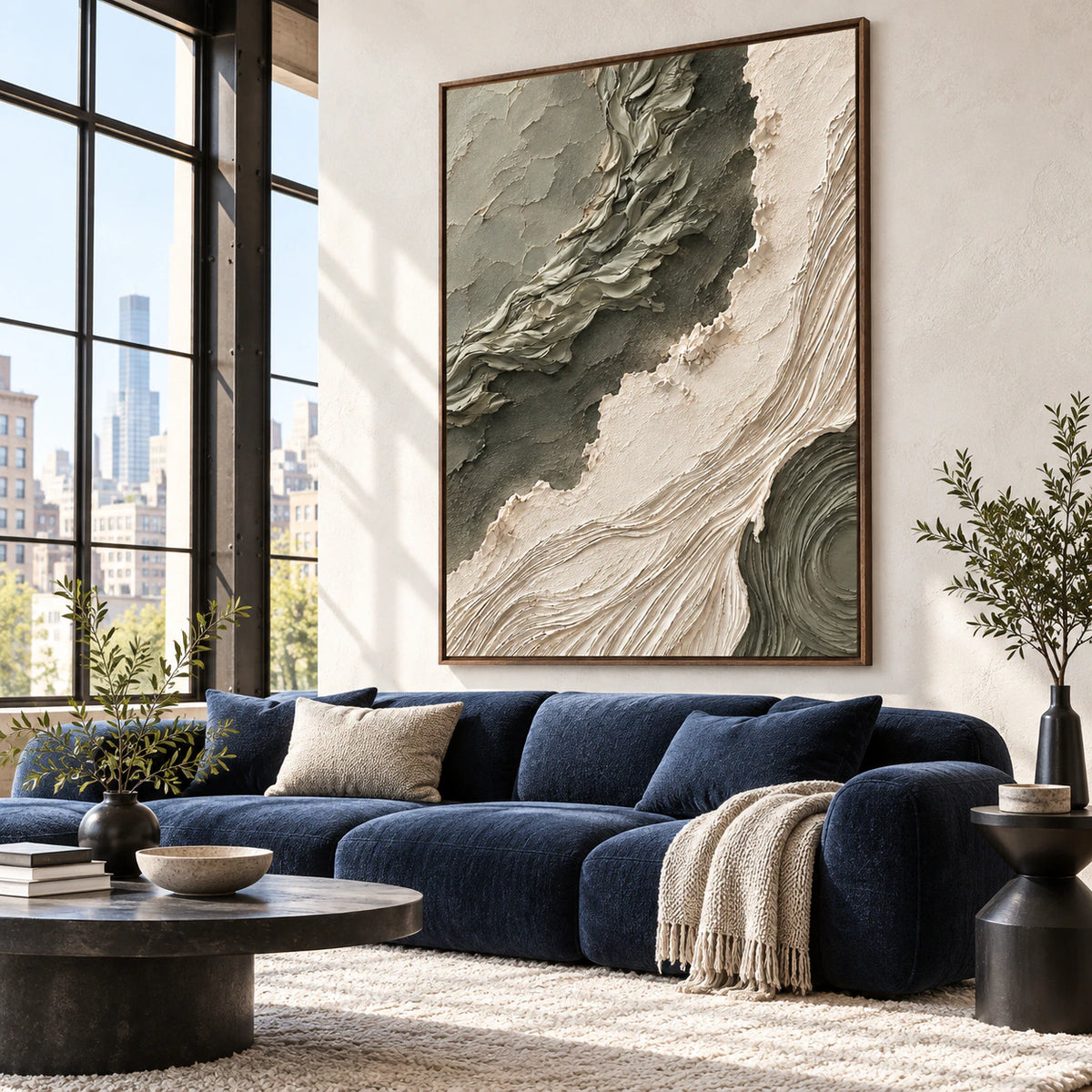 Sage-Current as the focal artwork in a bright contemporary living room.