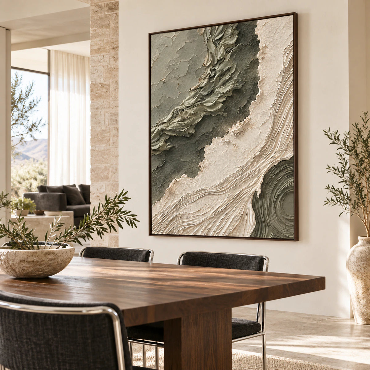 Sage-Current above a refined dining setting in natural daylight.
