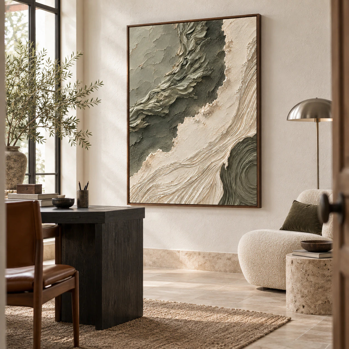 Sage-Current in an airy reading and home-office space.