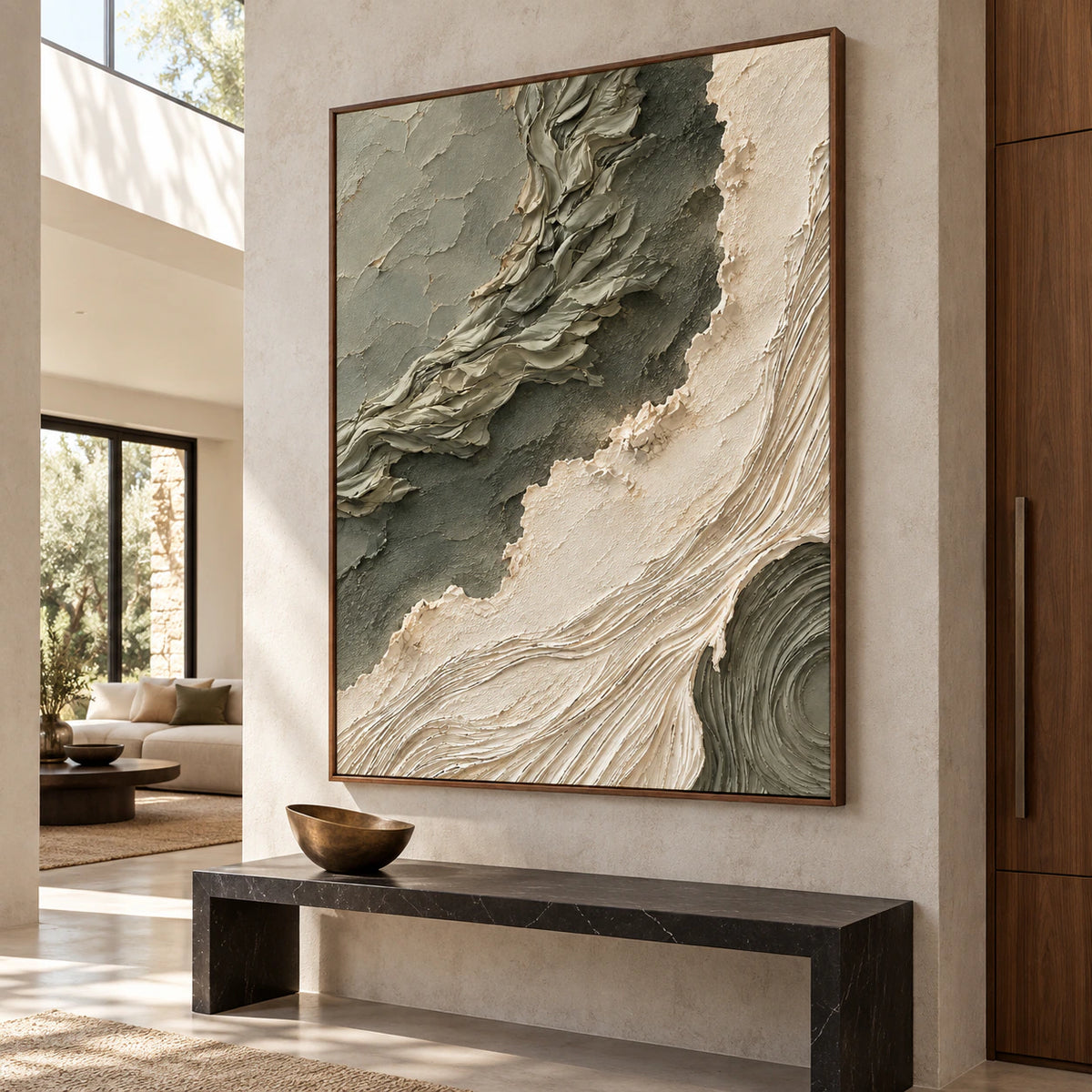 Sage-Current at gallery scale in a bright architectural foyer.