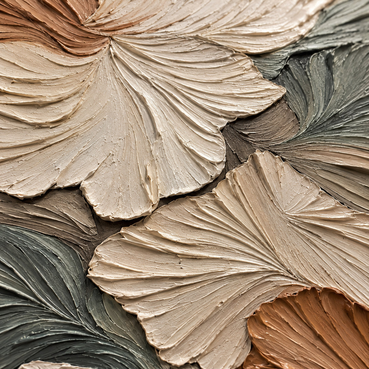 Sage-Petal oil painting brushwork and impasto detail photographed from an oblique side angle