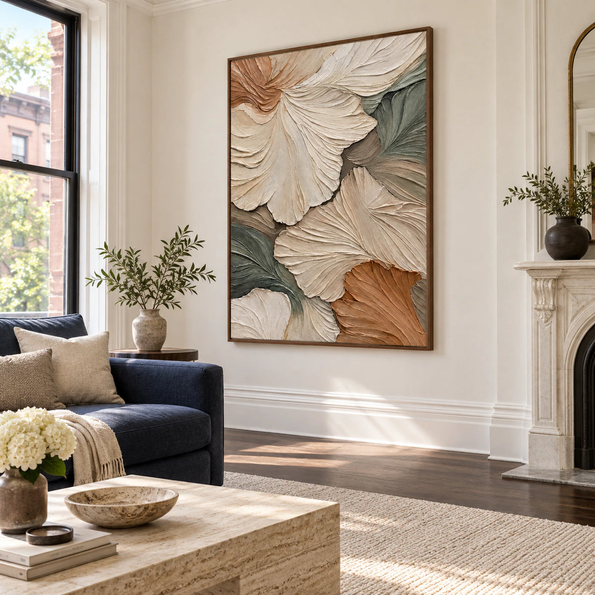 Sage-Petal as a large focal artwork in a bright contemporary living room.