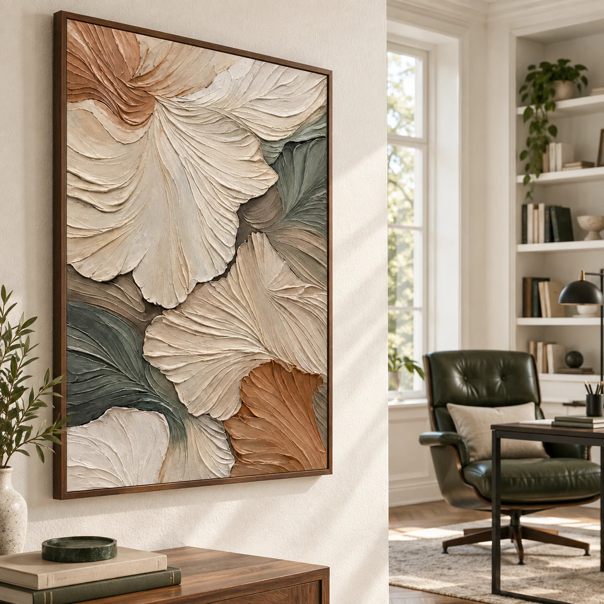 Sage-Petal as a large artwork in an airy home office reading space.