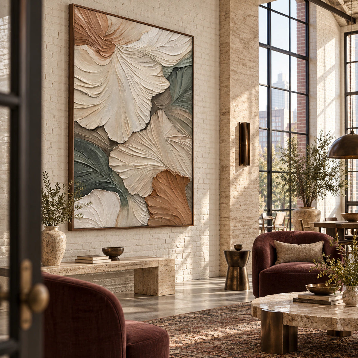 Sage-Petal anchoring an expansive sunlit hospitality loft interior.