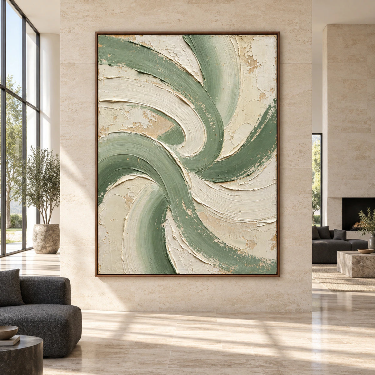 Large vertical Sage-Rhythm artwork displayed straight-on in a spacious, sunlit architectural living area.