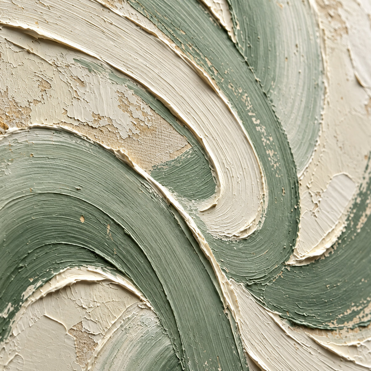Sage-Rhythm oil painting brushwork and impasto detail photographed from an oblique side angle