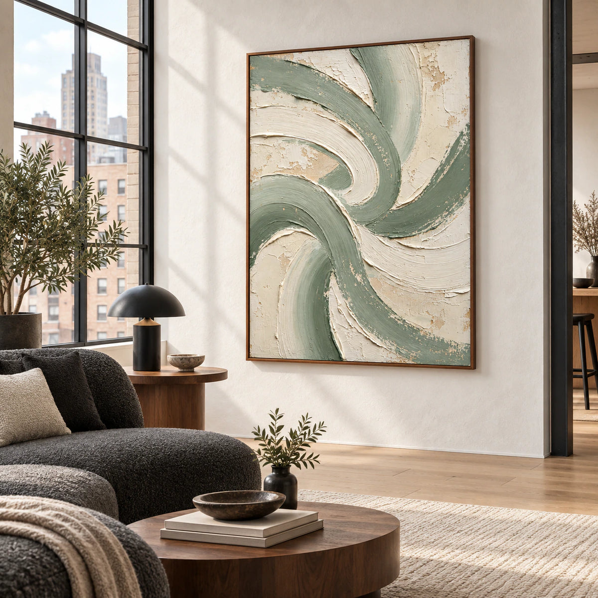 Sage-Rhythm as a large focal artwork in a bright contemporary living room.