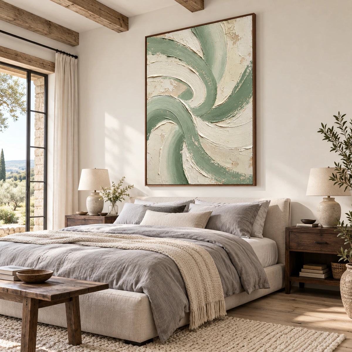 Sage-Rhythm bringing tactile sage and ivory movement to a quiet bedroom.