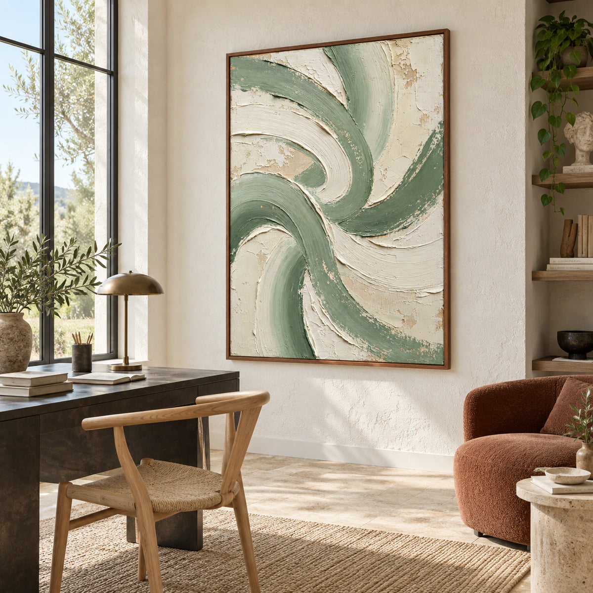 Sage-Rhythm displayed prominently in an airy home office reading space.