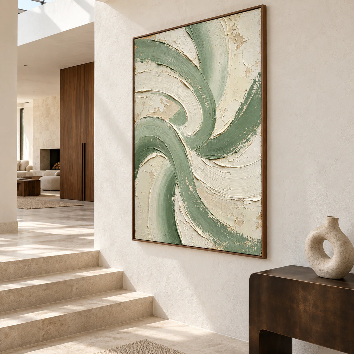 Gallery-scale Sage-Rhythm artwork in a bright, sculptural foyer.