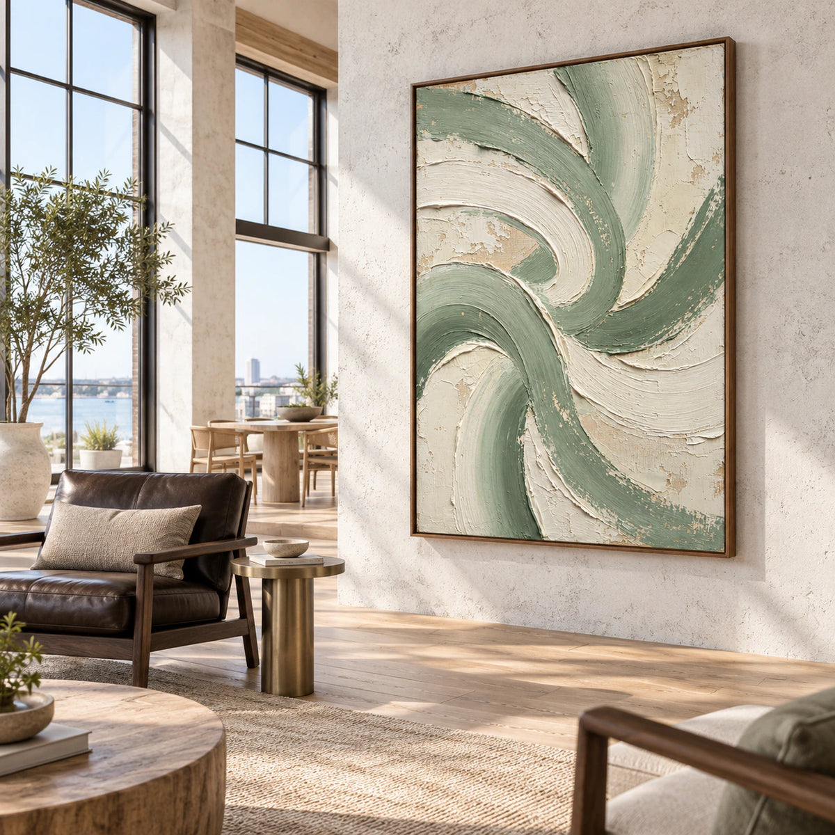Large Sage-Rhythm artwork anchoring an open hospitality loft interior.