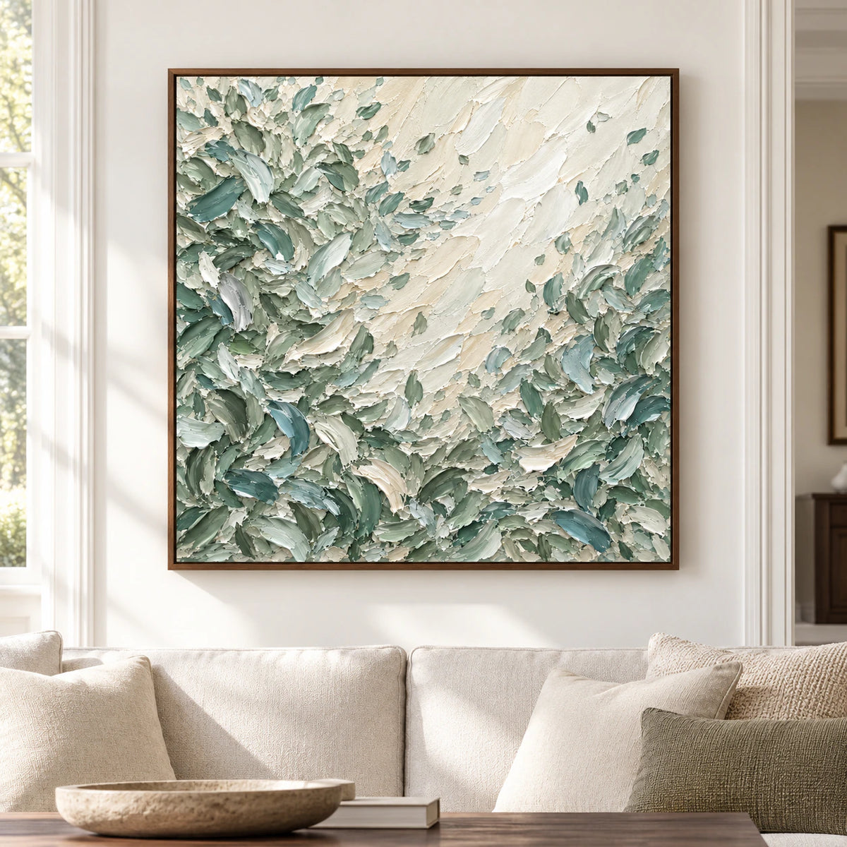 Large square Sage-Rill abstract artwork displayed straight-on in a spacious, sunlit living room.