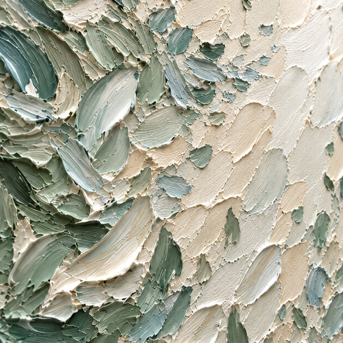 Sage-Rill oil painting brushwork and impasto detail photographed from an oblique side angle