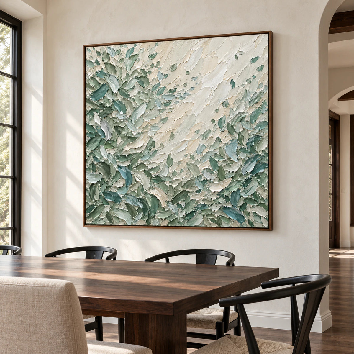 Large square Sage-Rill artwork anchoring a refined dining room with a dark walnut table, pale walls and soft daylight.