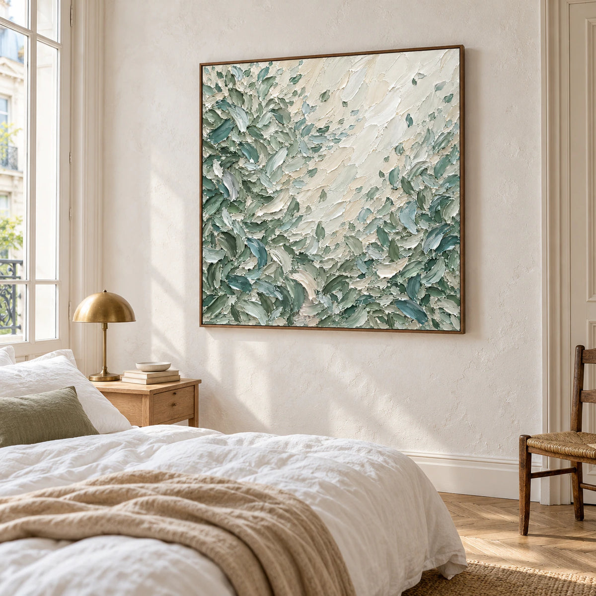 Sage-Rill artwork above a low bed in a quiet, bright bedroom with crisp linen and understated wood furnishings.
