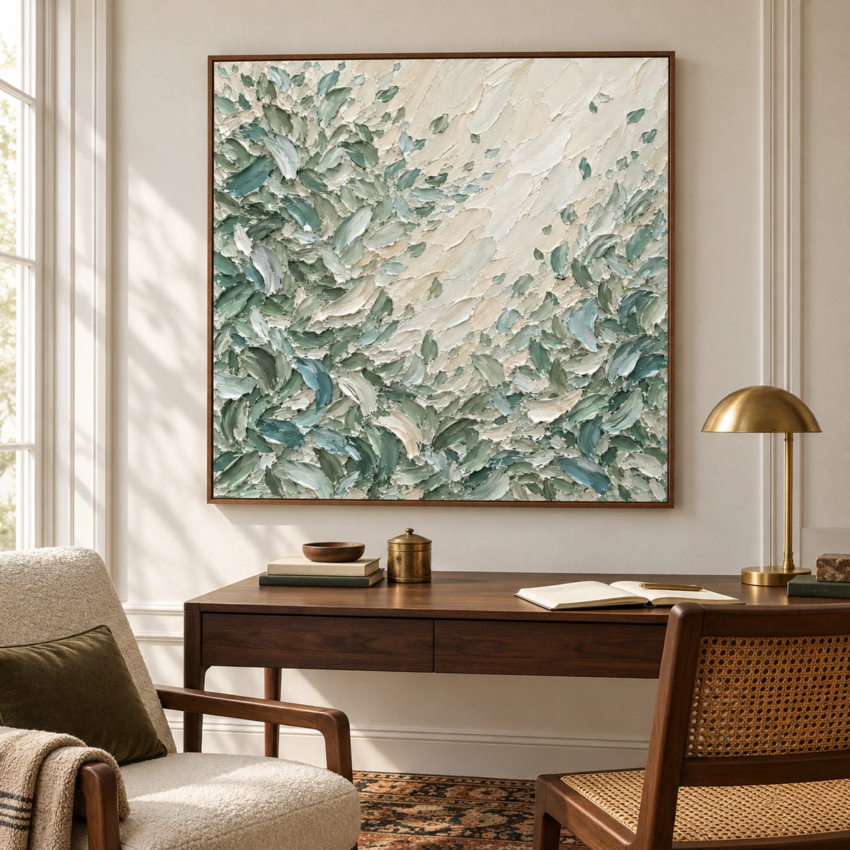 Square Sage-Rill artwork in an airy home office with a simple desk, warm daylight and restrained neutral furnishings.