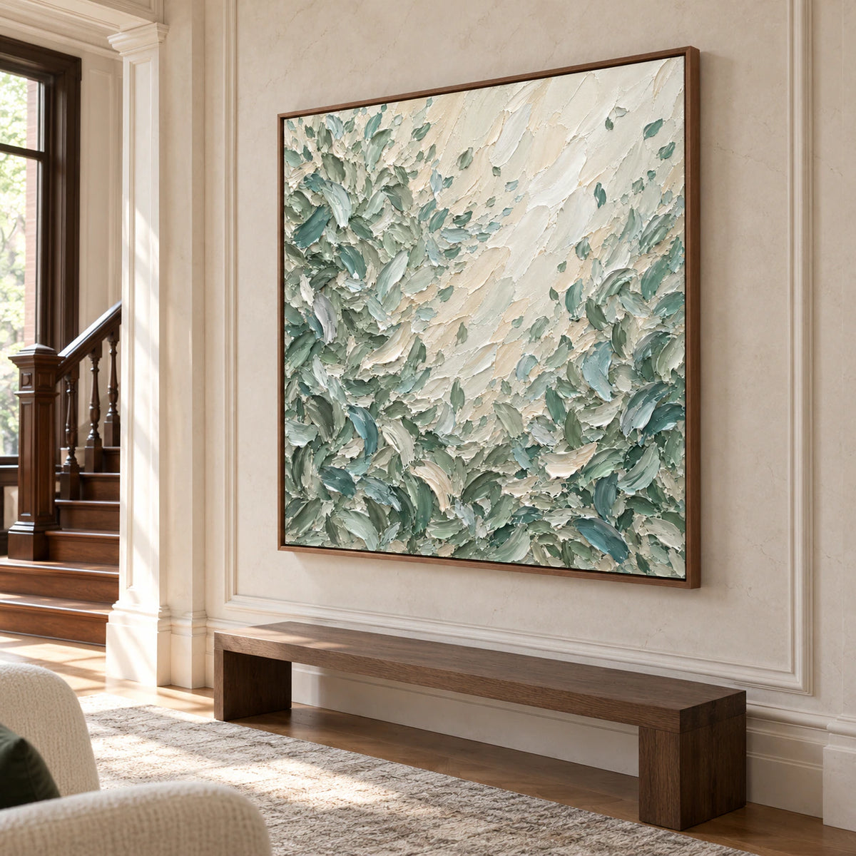 Large Sage-Rill artwork commanding a gallery-scale foyer with pale stone walls and open daylight.