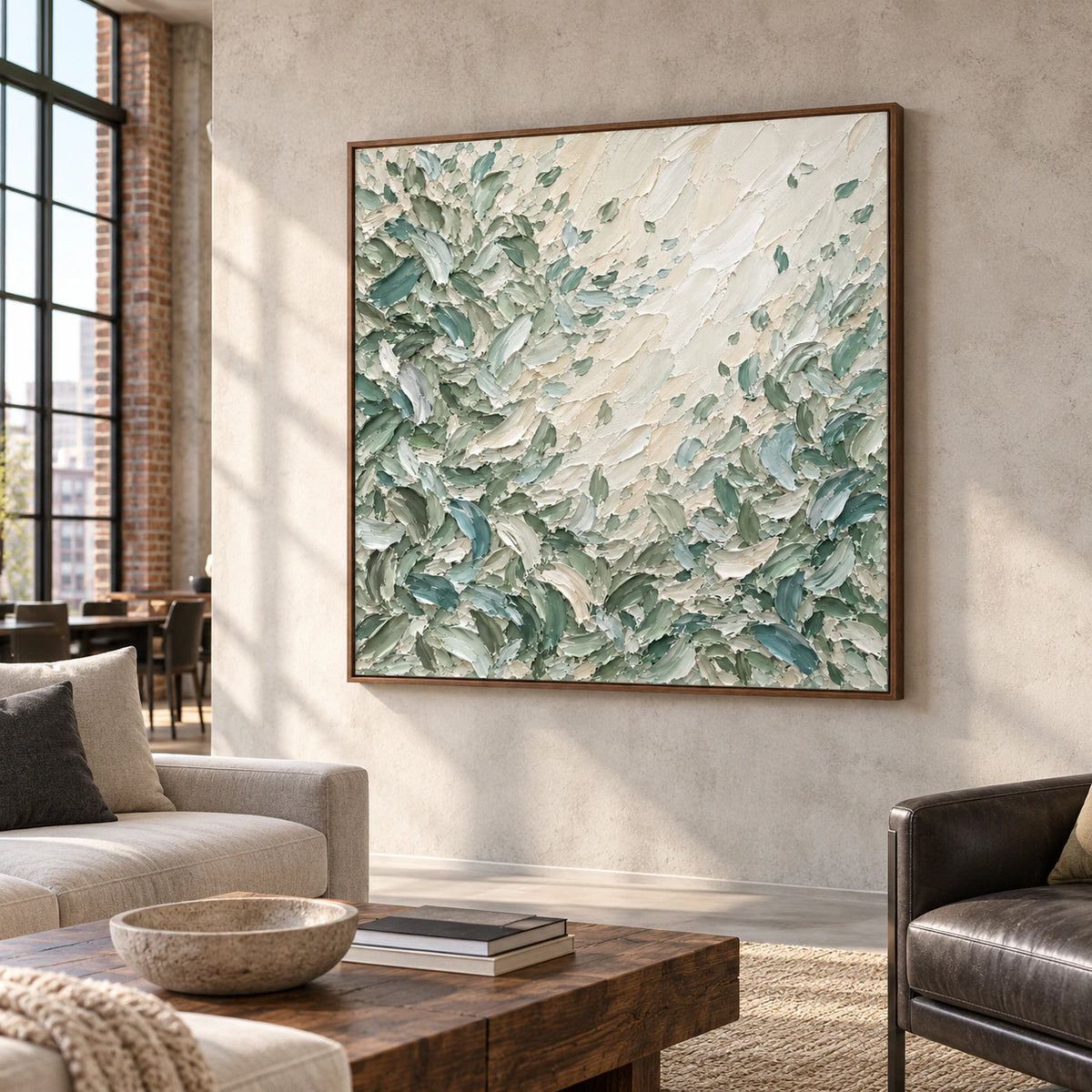 Sage-Rill artwork displayed at an expansive scale in a bright loft interior with concrete architecture and restrained furnishings.