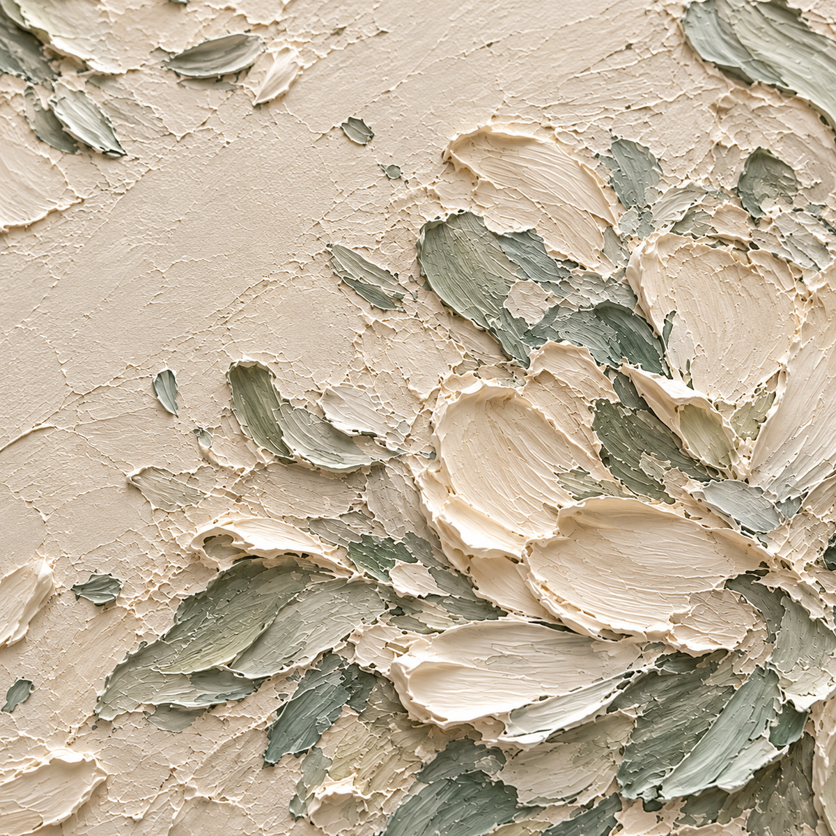 Sage-Rosette oil painting brushwork and impasto detail photographed from an oblique side angle