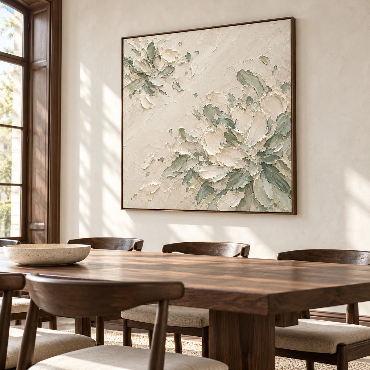 Square ivory and sage abstract artwork above a long walnut dining table in a refined dining room with light walls and clear daylight.
