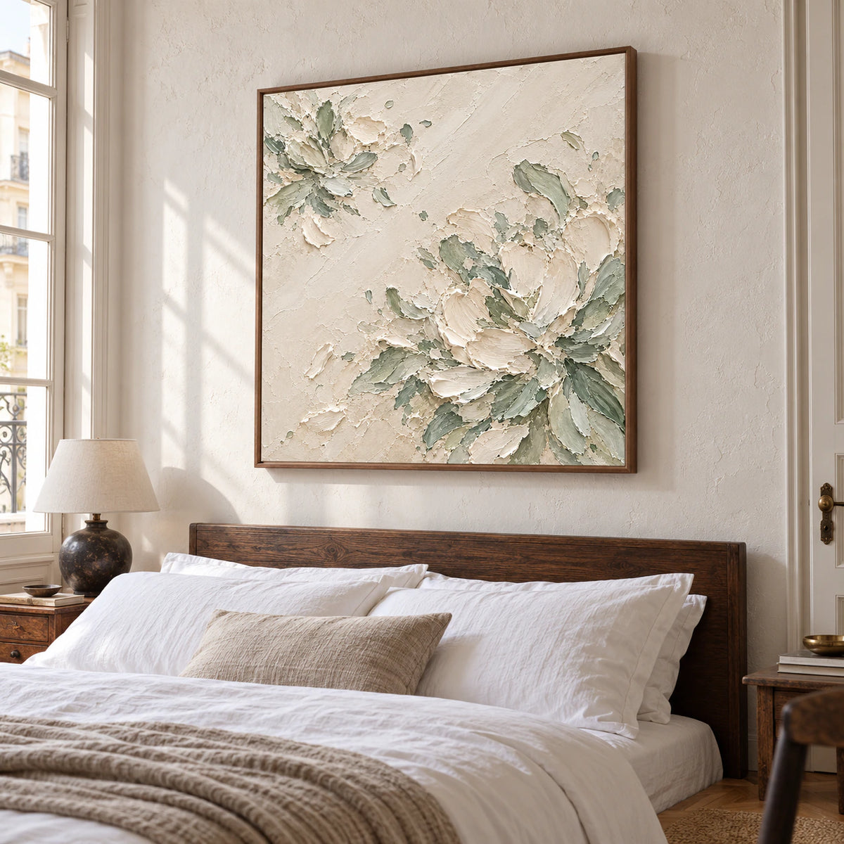 Large square textured floral artwork above a low bed with crisp white bedding in a quiet, sunlit bedroom.