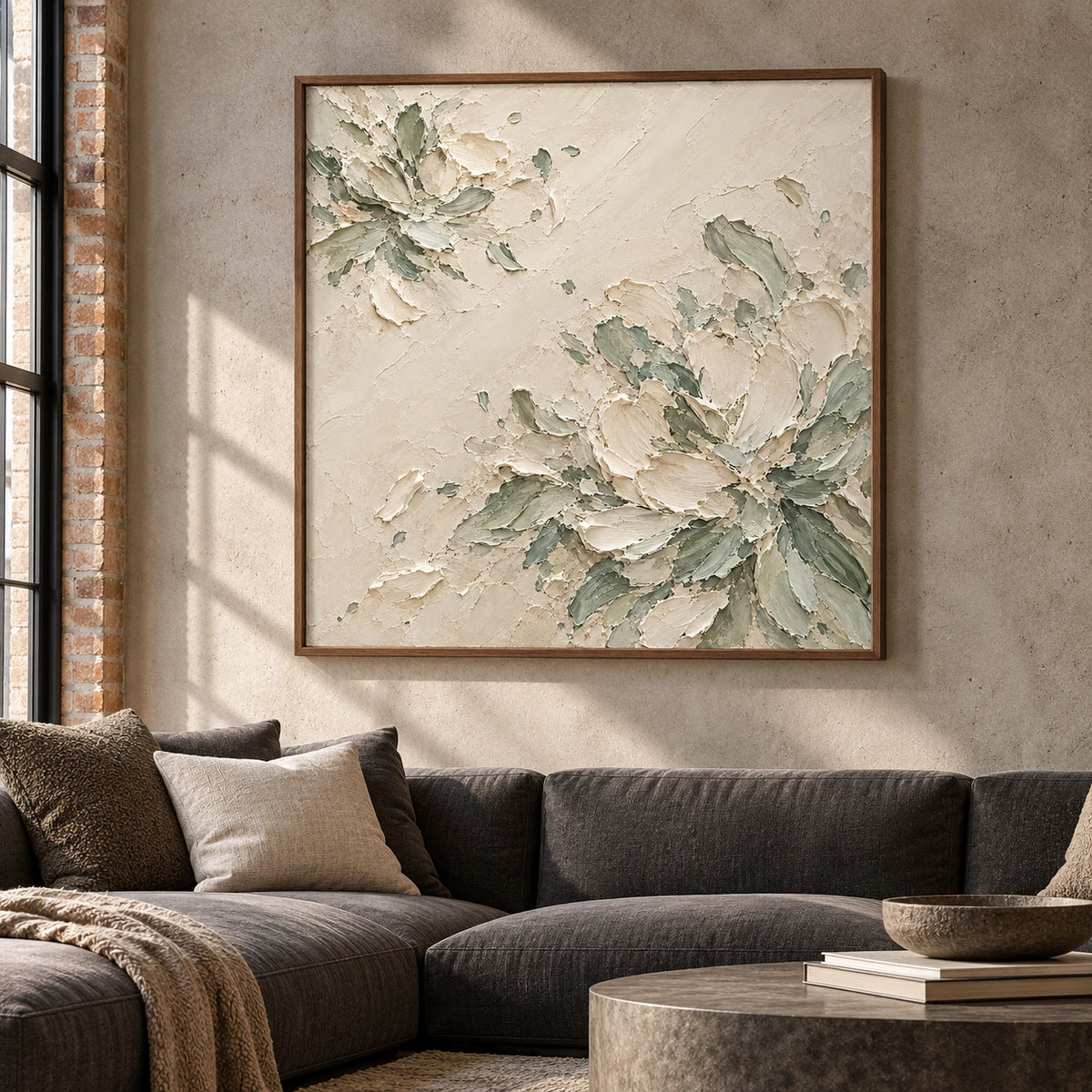 Oversized square floral abstract displayed in a sunlit loft hospitality interior with concrete walls, dark seating and generous open space.