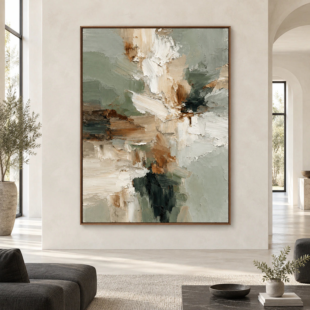 Sage-Strata displayed at large scale on a pale plaster wall in a spacious contemporary interior.