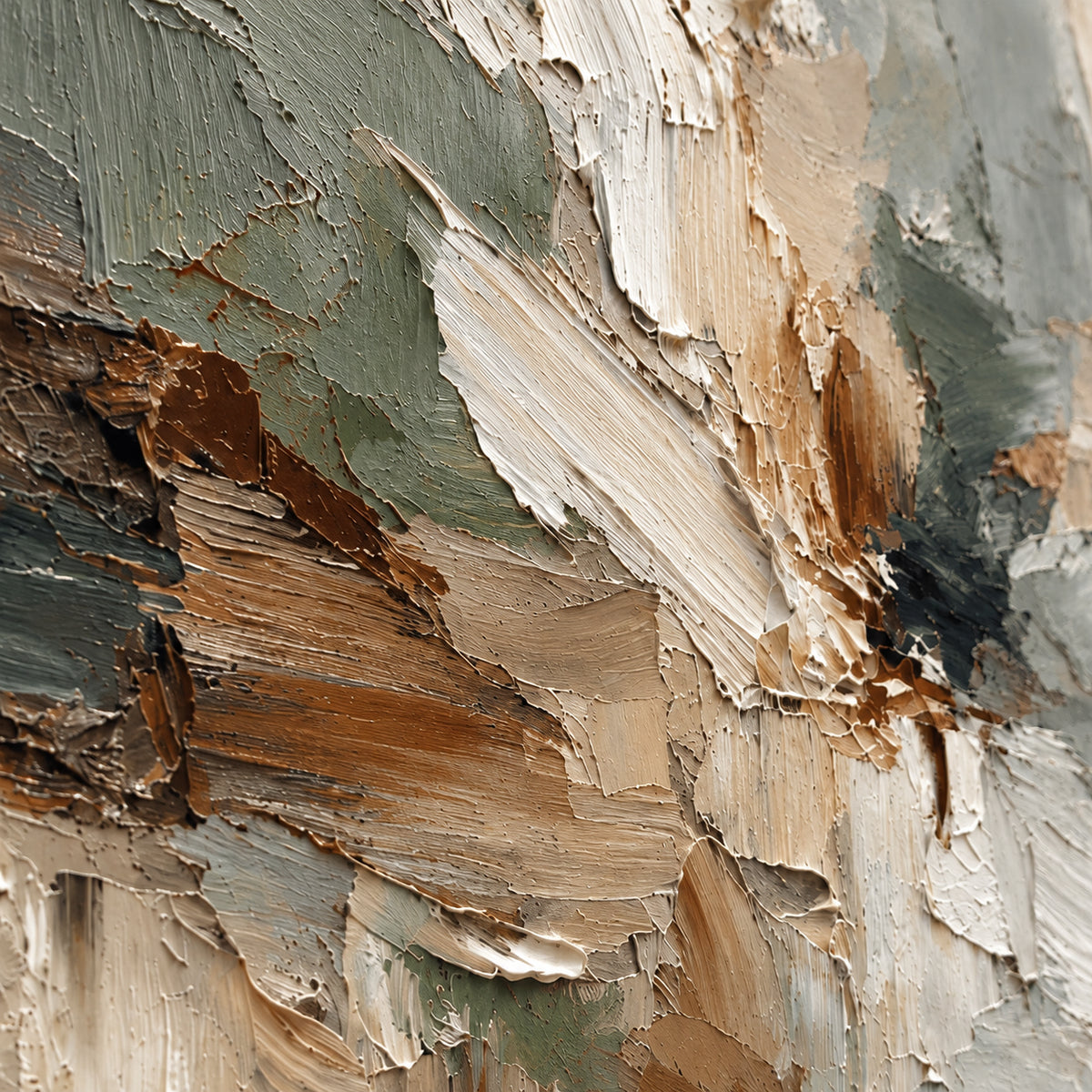 Sage-Strata oil painting brushwork and impasto detail photographed from an oblique side angle