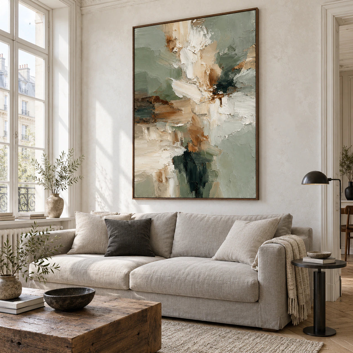 Sage-Strata as the focal point above a neutral sofa in a bright living room.