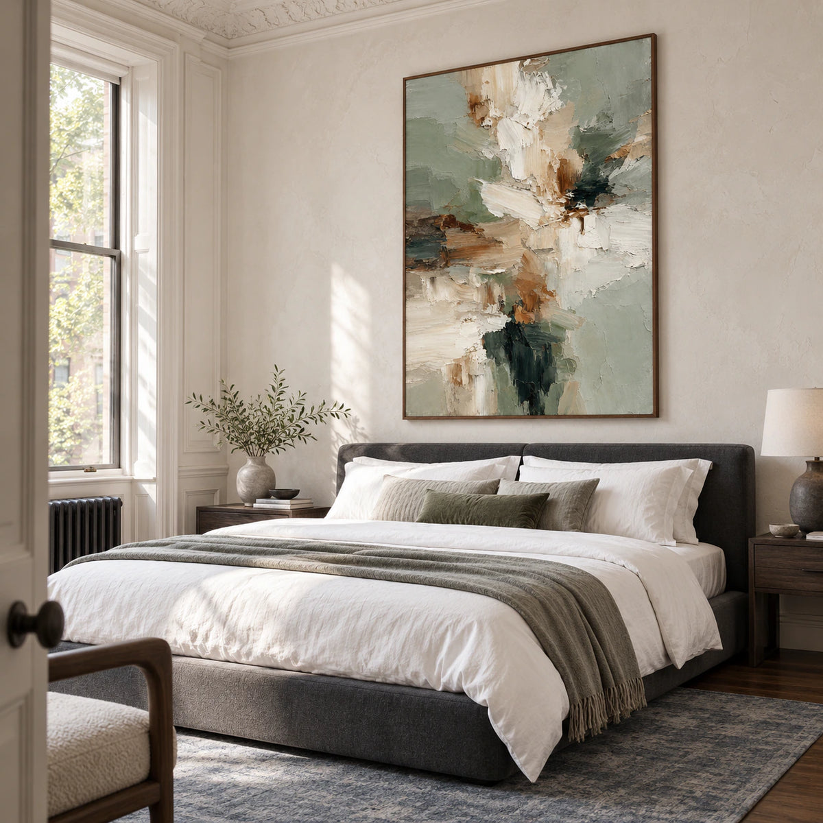 Sage-Strata above a low upholstered bed in a quiet, airy bedroom.