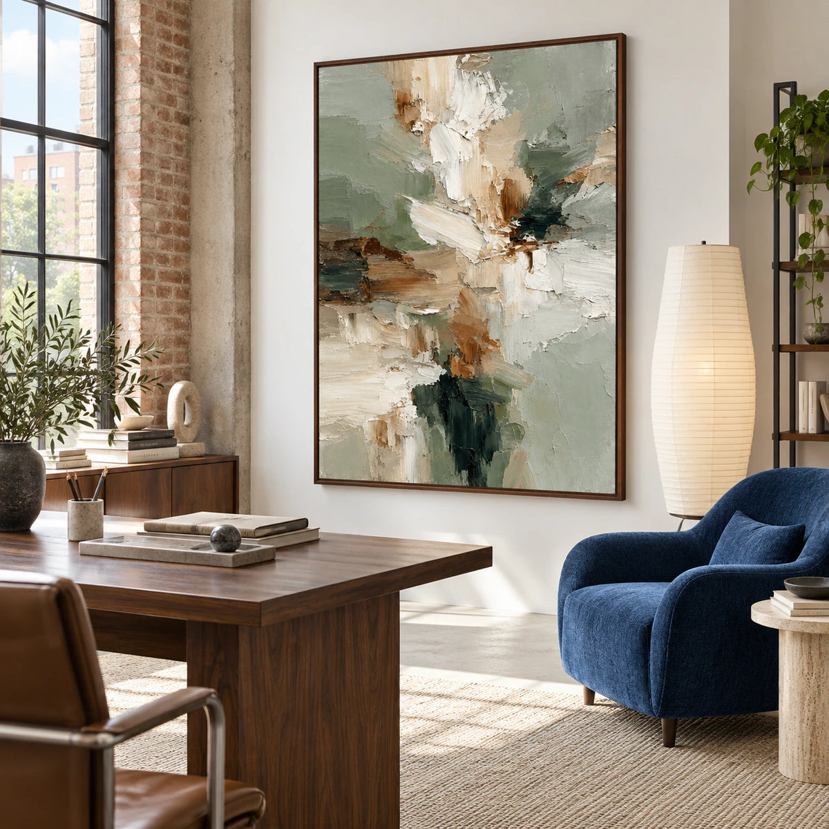 Sage-Strata anchoring a bright reading and home office space.