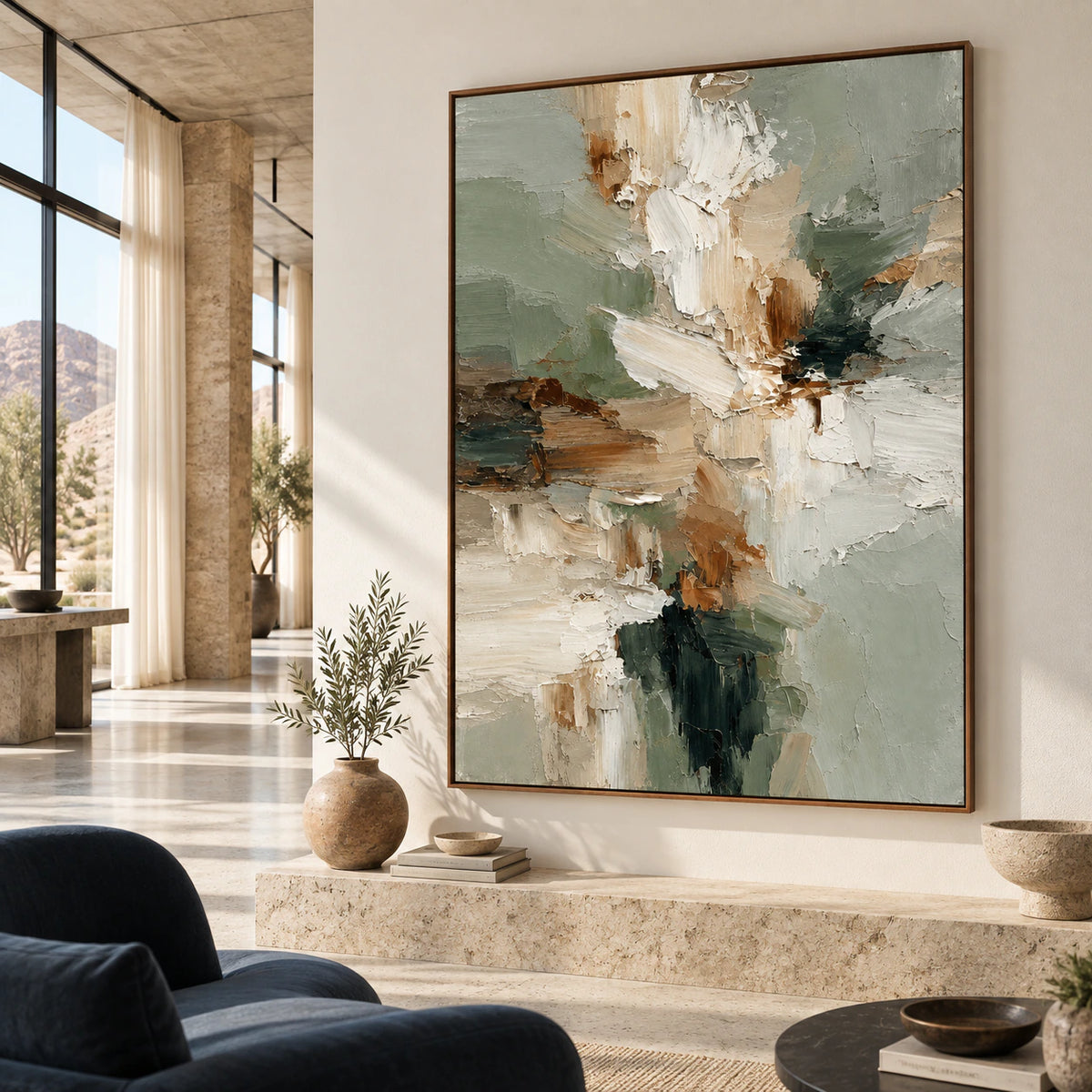 Sage-Strata featured at large scale in a sunlit loft hospitality interior.